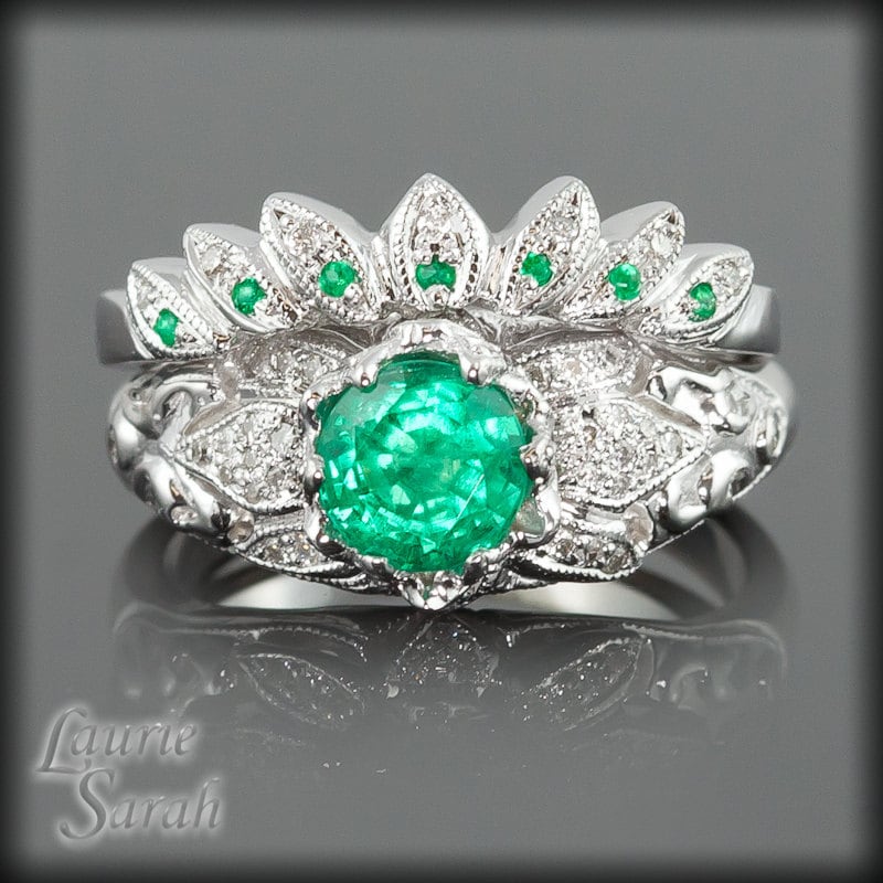 Emerald and Diamond Lotus Flower Engagement Ring and Matching Wedding Band