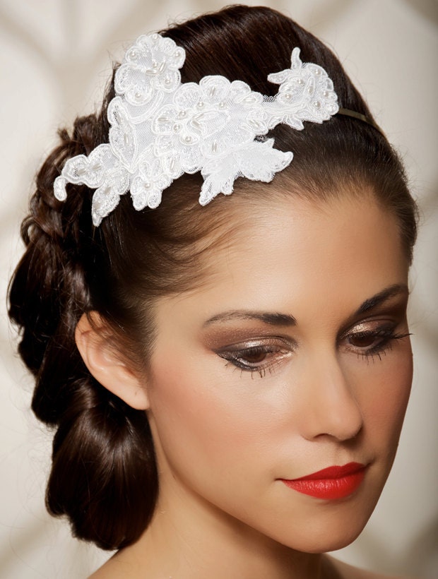 Ivory Lace Bridal Headband Vintage Bridal Headpiece Ivory Pearls Wedding 