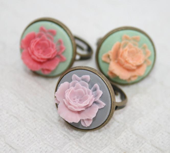 Custom Order Set of 3 Flower Rings Lilac and Grey Pink and Mint 