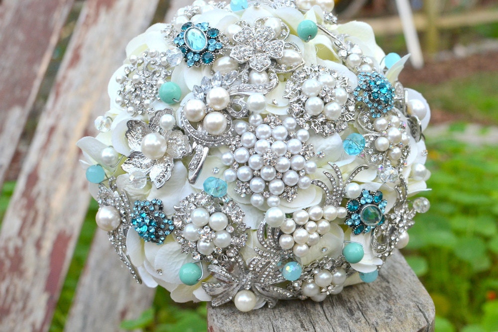 Deposit on Tiffany blue heirloom jeweled wedding bouquet made to order 