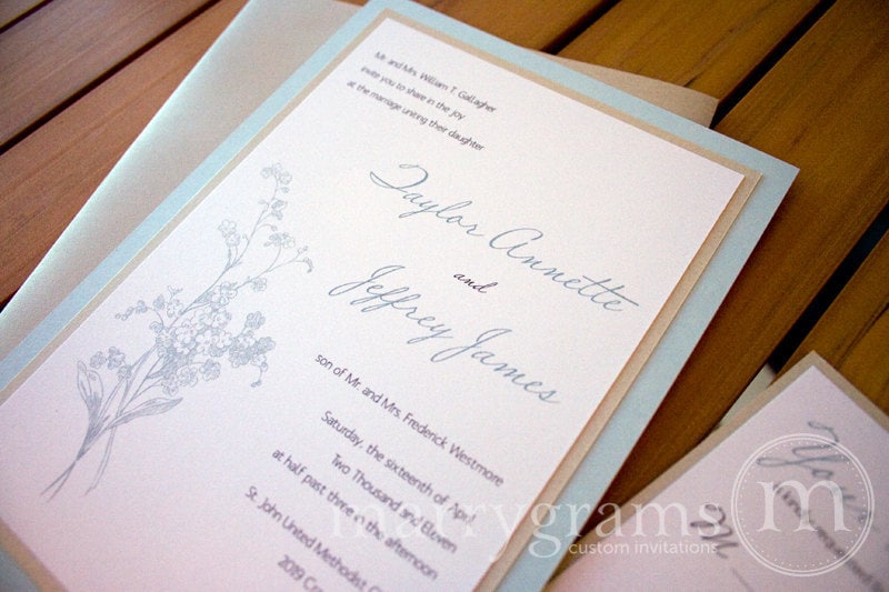 Aquamarine Blue and Tan Floral Layered Wedding Invitation Suite