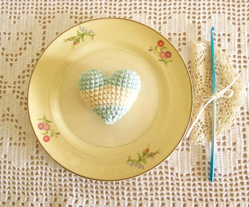 Mint and Cream Striped Crocheted Heart Wedding Favor Idea Made to Order on 