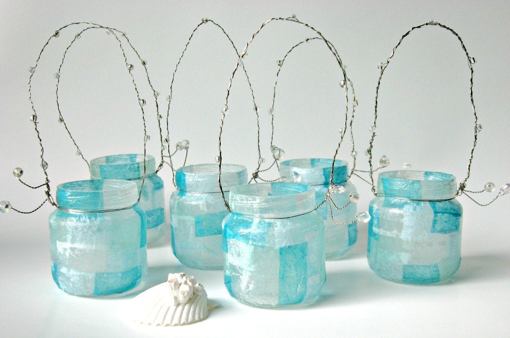 Mini Mason Jar Light Set Of 6 Lantern Vase Blue Beach Wedding Hanging 