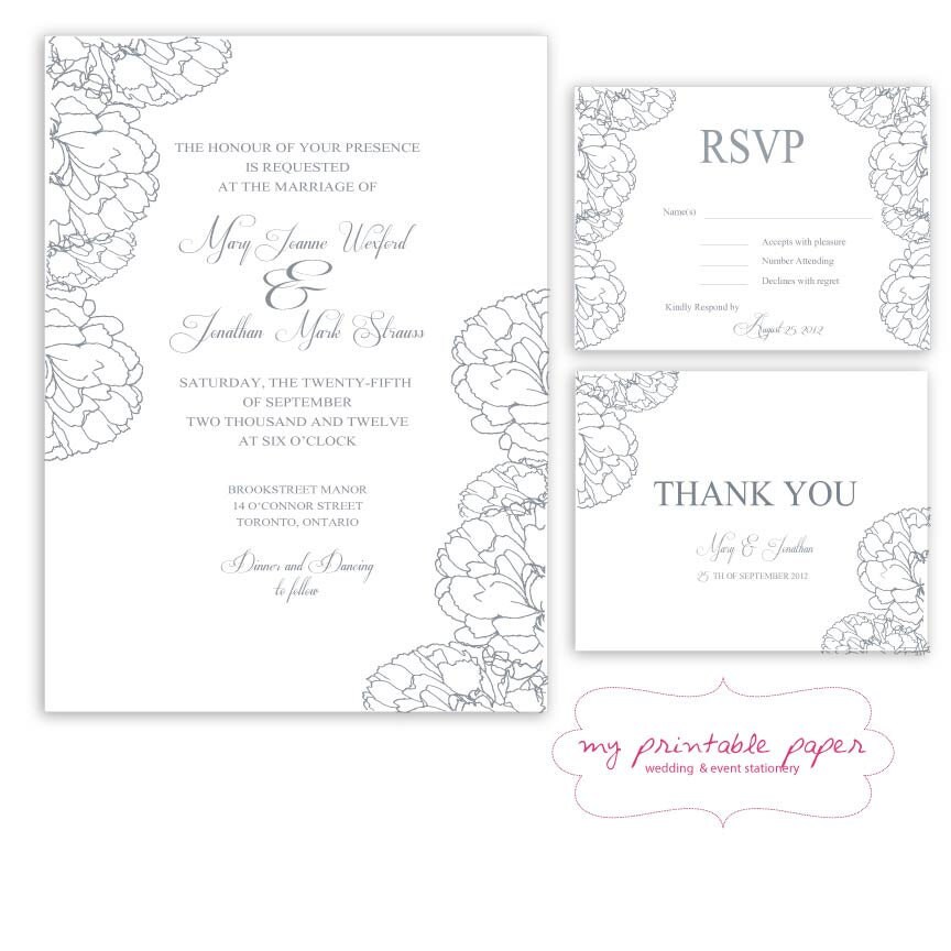 Wedding Invitation Elegant Peony Grey Silver Pattern 