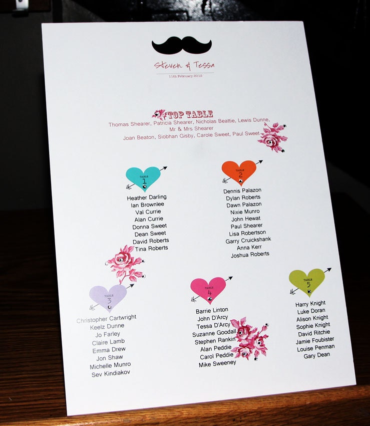 Love Heart Moustache Wedding Table Seating Plan and Table Number Package