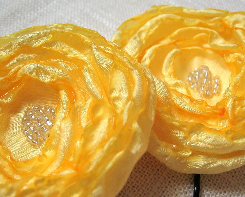 Yellow Fabric Flower Hair Pins Satin Fabric Crystal Beads Flower Bobby 