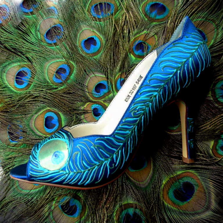 Wedding Shoes turquoise peacock feather Cobalt From norakaren