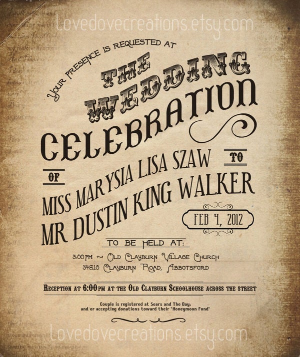 Steampunk Wedding Invitation Vintage Grunge Western Custom Invite