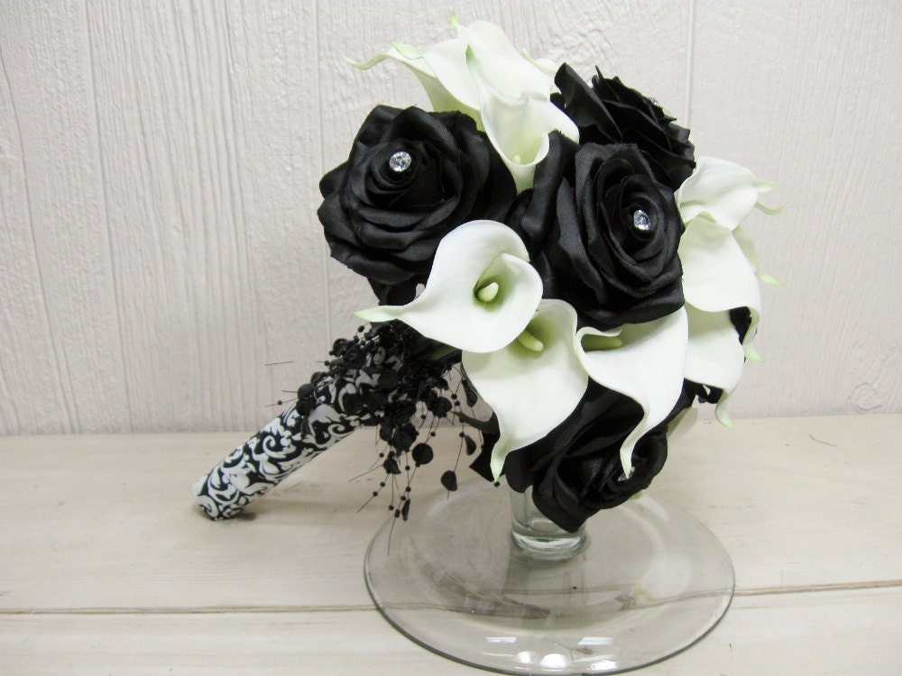 Black Rose and White Calla Lily Damask Wedding Bouquet