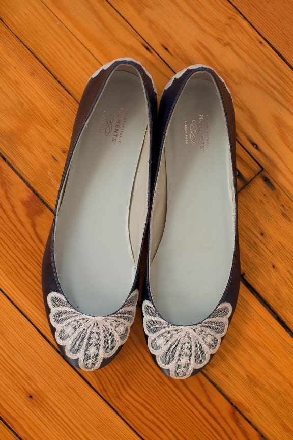 Ready to Ship Size 10 Navy Blue satin wedding shoe ballet flats with lace 