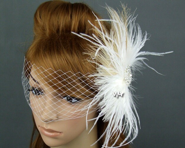 Wedding Bridal Fascinator and Birdcage Veil Set Peacock Rooster and Ostrich