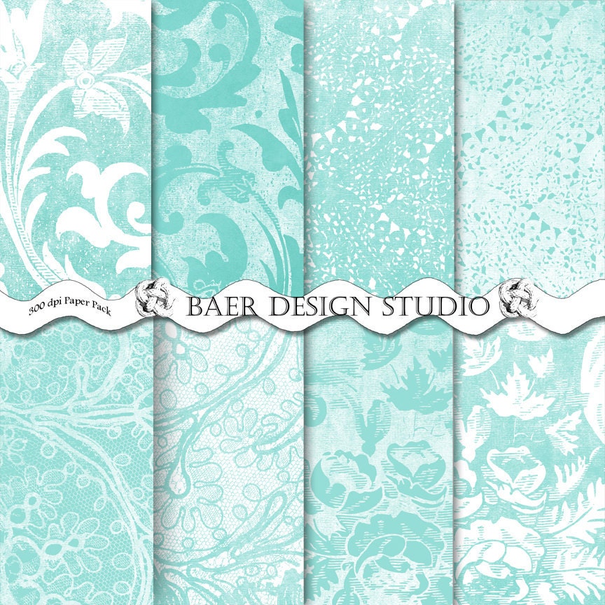 Tiffany Blue Digital Damask Scrapbook Papers in Teal Damask and Lace 