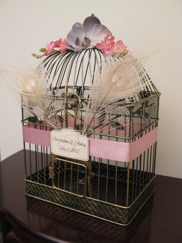 Retro Style Wedding Card Holder Birdcage With Ivory Peacock Feathers