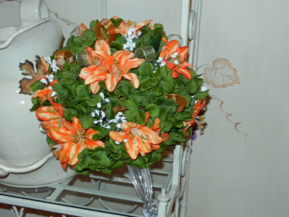 Bridal Bouquetgreen shamrocks orange tiger lilies white baby's breath 
