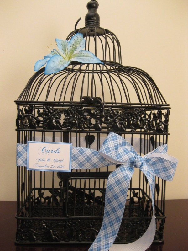 Black Bird Cage Wedding Card Holder With Blue Accents Wedding Card Holder
