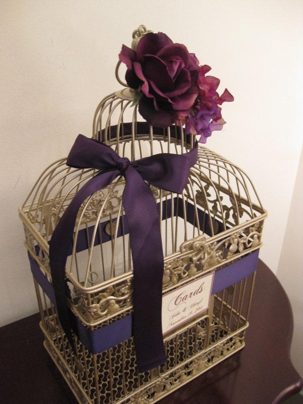 Champagne Bird Cage Wedding Card Holder With Deep Purple Rose Wedding Card