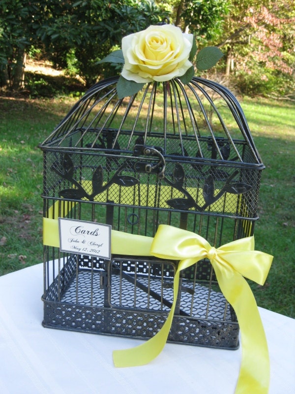 Vintage Style Wedding Card Holder Bird Cage with Yellow Rose Wedding Card