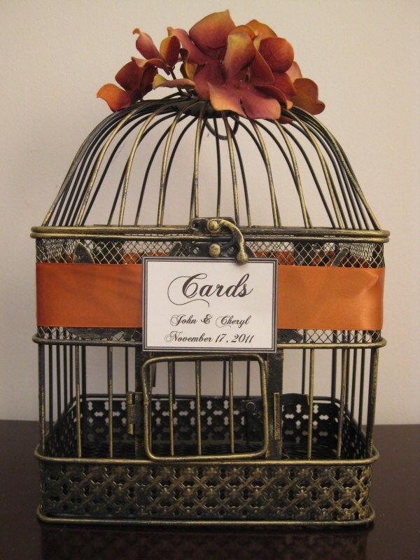 Bird Cage Wedding Card Holder With Orange Hydrangeas Wedding Card Holder 
