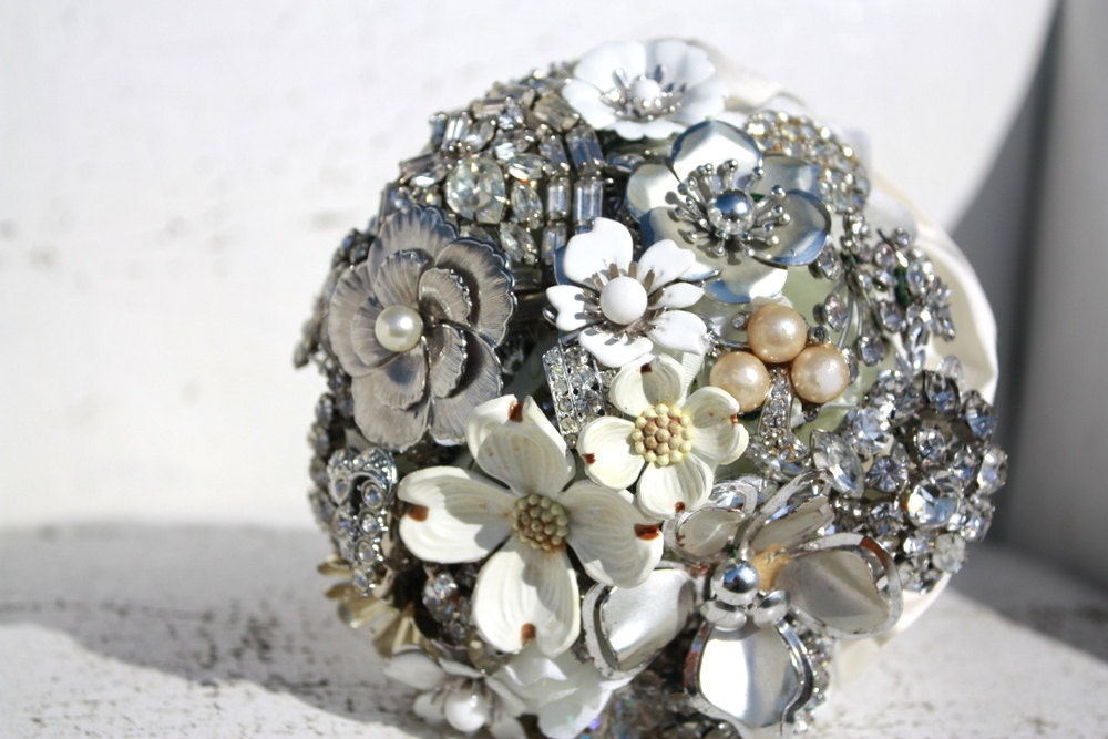 Vintage brooch wedding bouquet brides bouquet in silver and ivory for the
