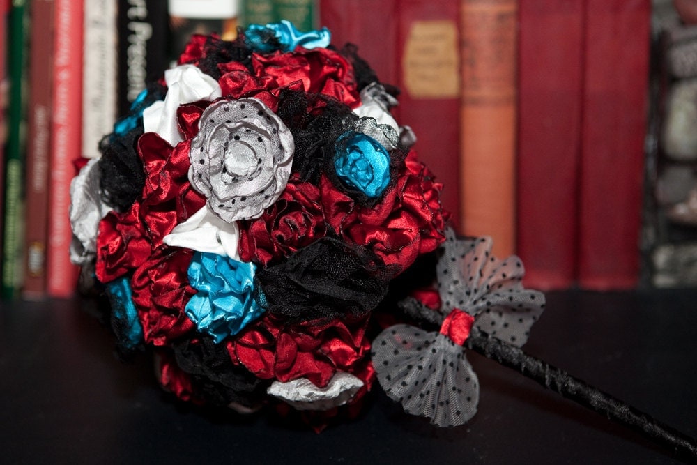 Red Black Turquoise White and Polka Dot Fabric Bouquet From BrianneBlossoms