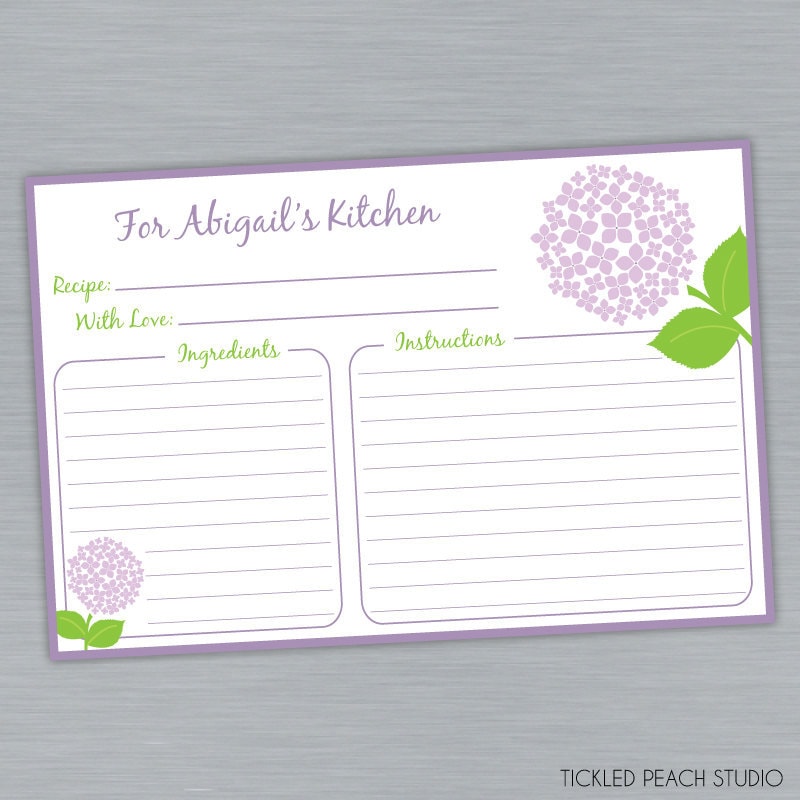 Hydrangea Bridal Shower Recipe Card purple blue or pink DIY PRINTABLE 