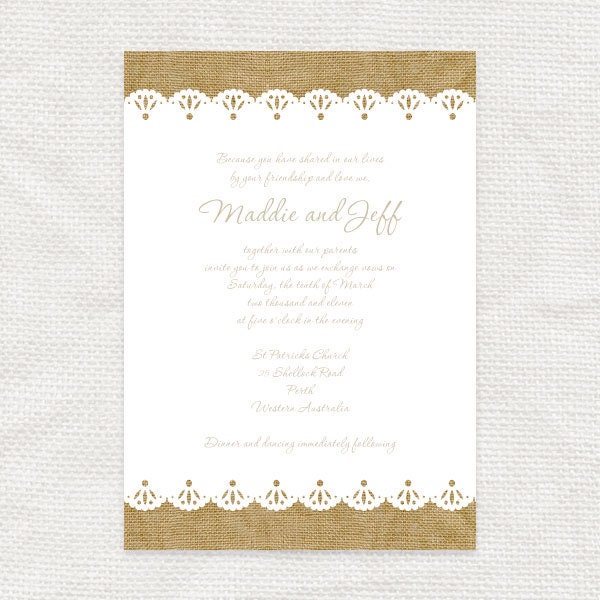 burlap and lace rustic wedding invitation printable file