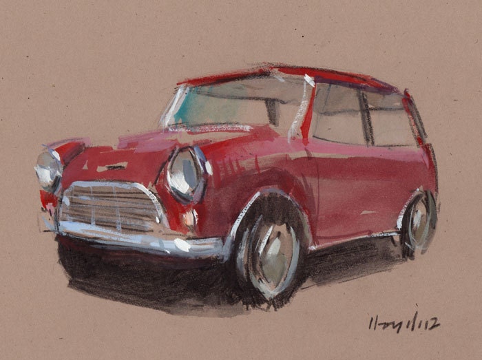 Original Painting Mini Cooper Vintage Auto Watercolor Sketch Drawing 5x7 