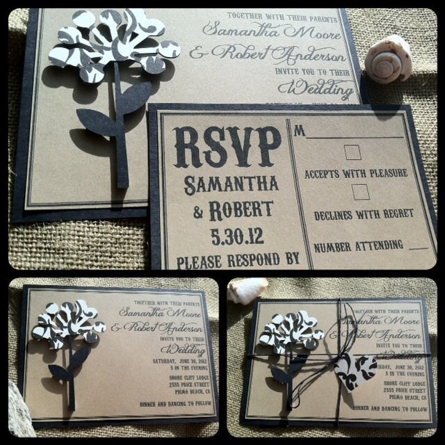 Wedding Invitations Black and White 3D Floral Rustic Eco Friendly 