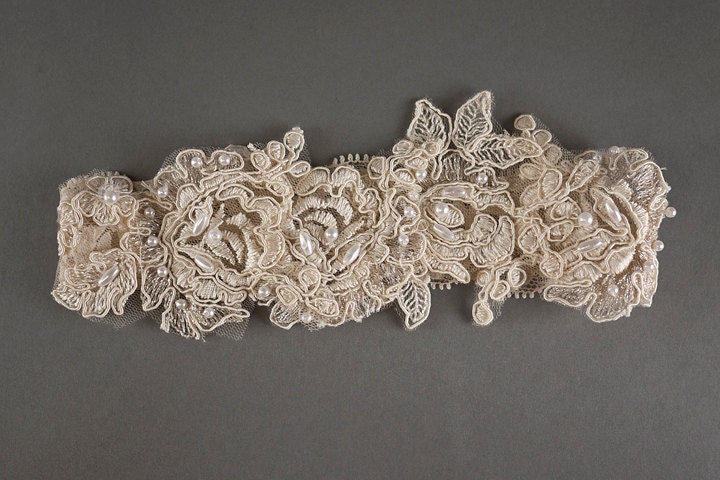 Colette champagne ivory vintage inspired wedding lace garter with pearls