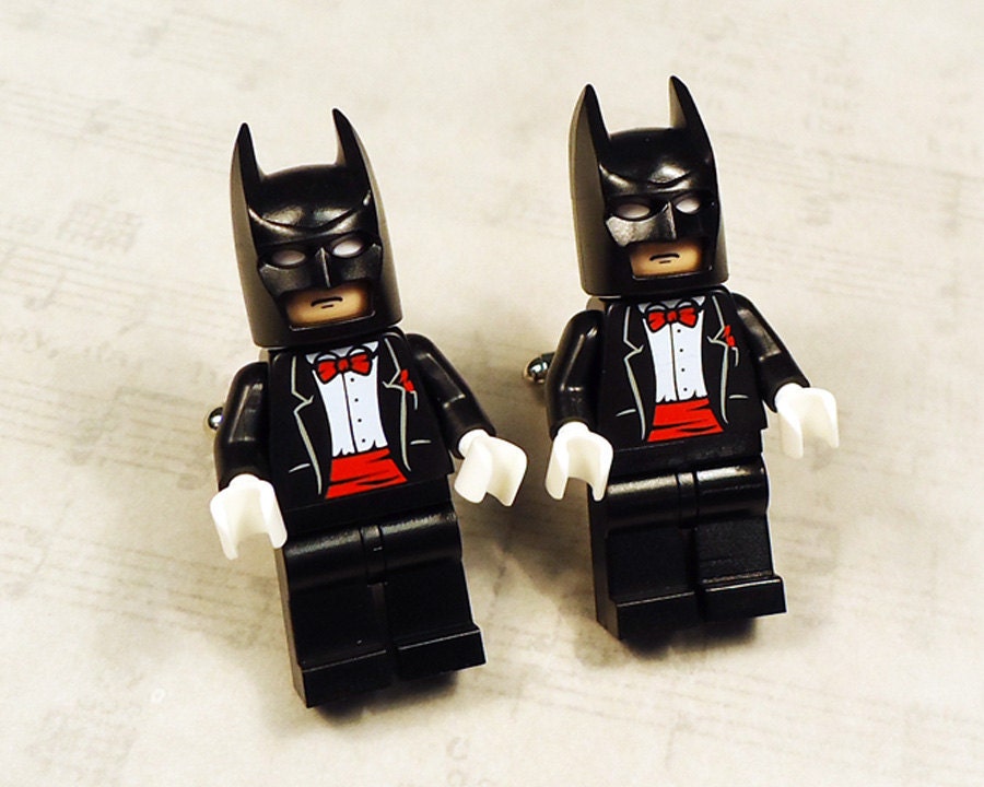 Full body Batman black with red wedding tuxedo LEGOS on silver toned 