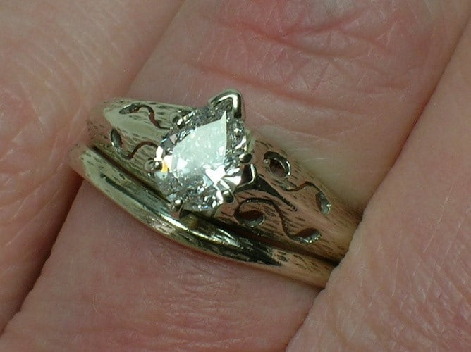 Vintage Wedding Rings Set Pear Diamond Modernist White Gold