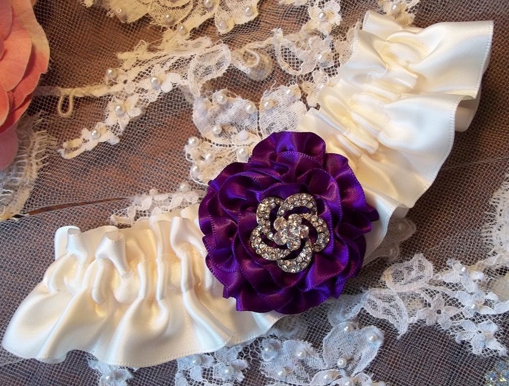 Wedding Garter with a Purple Rose on Ivory Bridal Garter with Rhinestone 