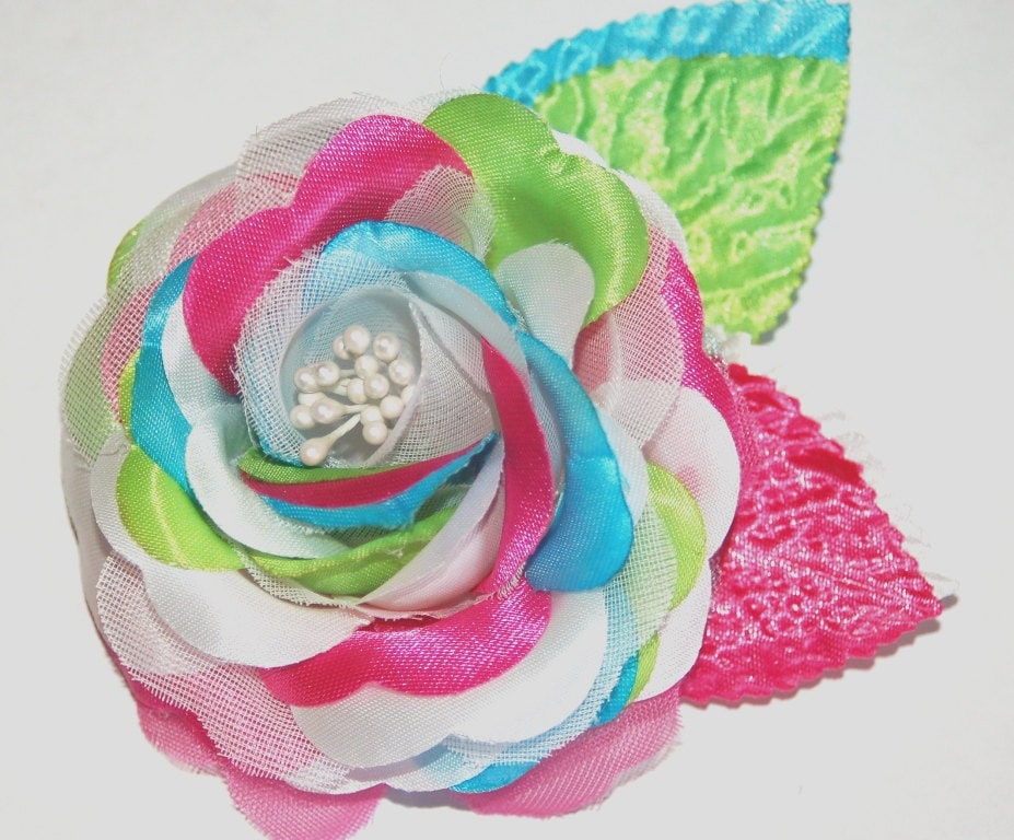 Turquoise Pink Lime Green Rose Flower Hair clip Sash clip or brooch for 