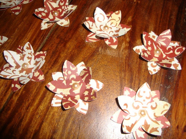 20 beautiful rust red and cream 3d flowers with faux pearl center wedding 
