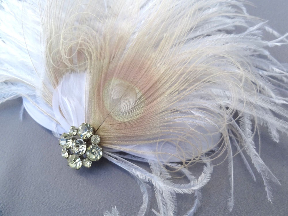 Weddings Ivory Peacock Feather Fascinator Crystal Bridal Hair Accessory 