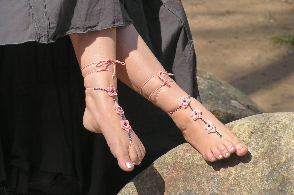 BAREFOOT SANDALS Crochet Coral Pink Beaded Beach Wedding Nude Shoes 