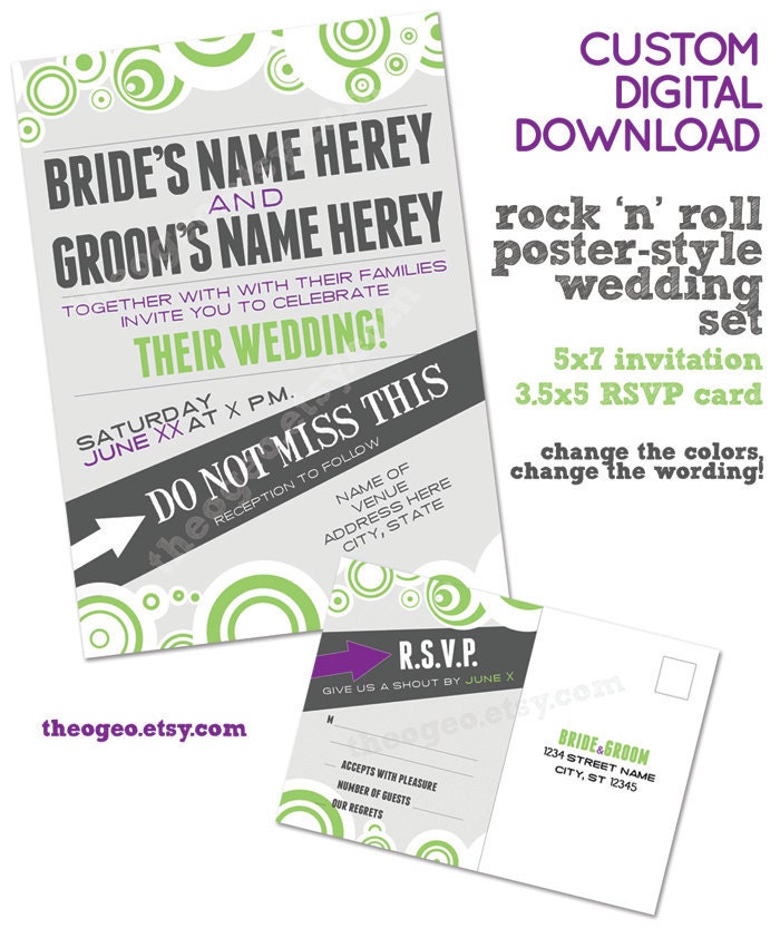 Rock and roll poster wedding invitation and RSVP card custom digital 