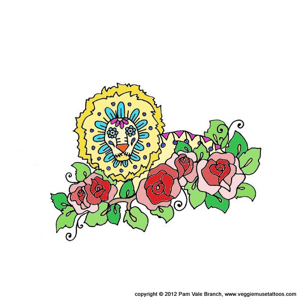 0025 Sugar Skull Lion Rose Tattoo Design From veggiemusetattoos