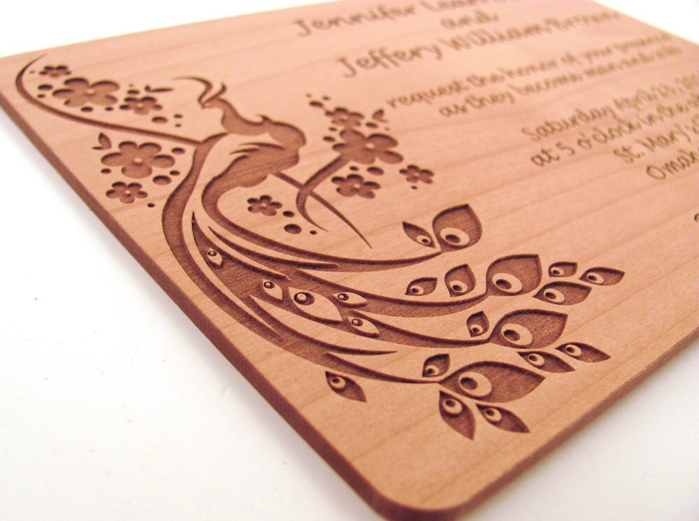 Engraved Wooden Wedding Invitation Real Wood Invitation Peacock Design