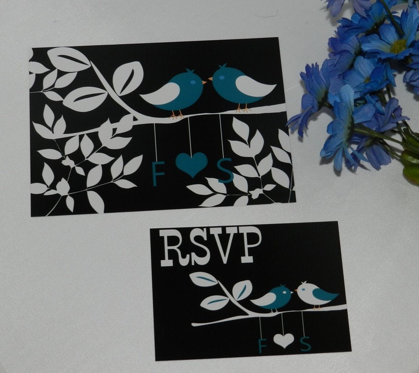 Black and Dark Teal Love Birds Wedding Invitation Set Sample Set