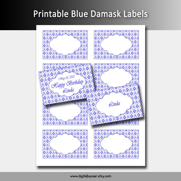 Printable Blue Damask Labels Wedding Anniversary Gift Tags Place Cards
