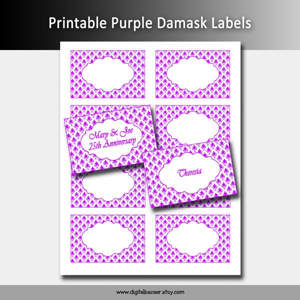 Printable Purple Damask Labels Wedding Anniversary Gift Tags 