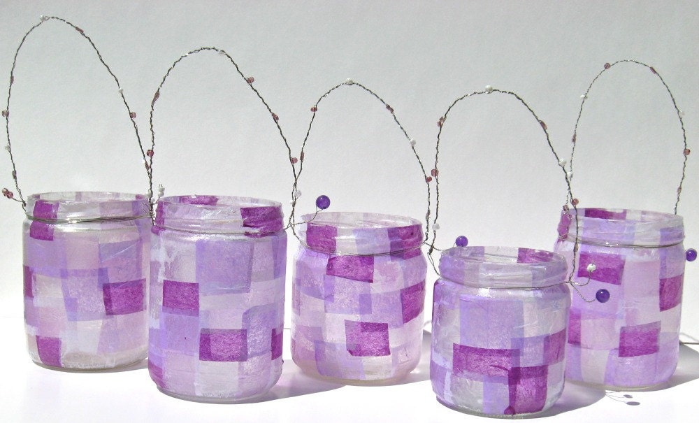 Mason Jar Light Purple Jar Lanterns Wedding Upcycled Hanging Bud Vases
