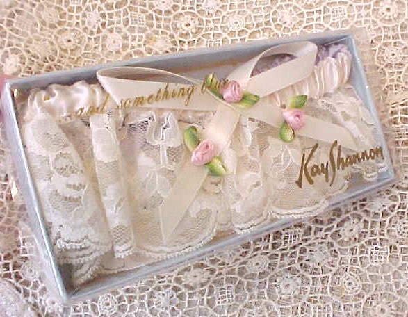 Pretty And Something Blue Vintage Wedding Garter with Pink Ribbon Rosettes 