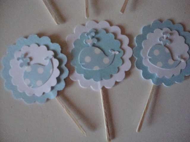 12 light blue and white whale cupcake toppers weddings ocean theme