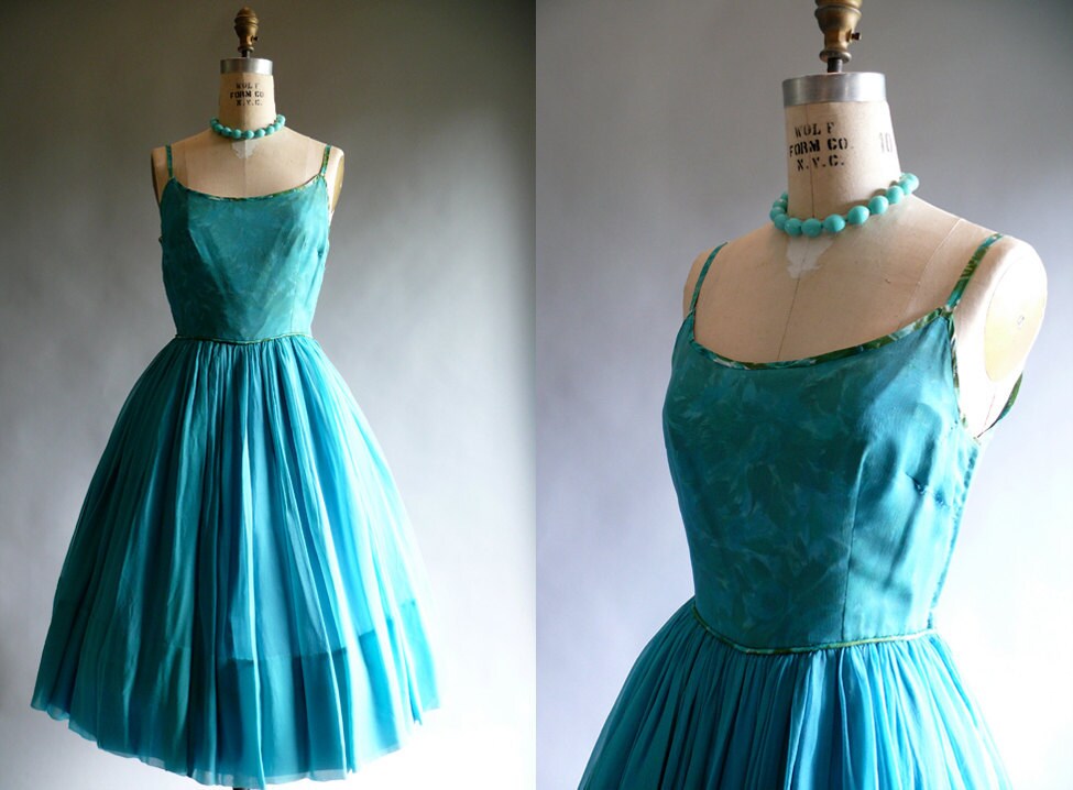1950s turquoise chiffon wedding prom party dress 50s turquoise and moss 