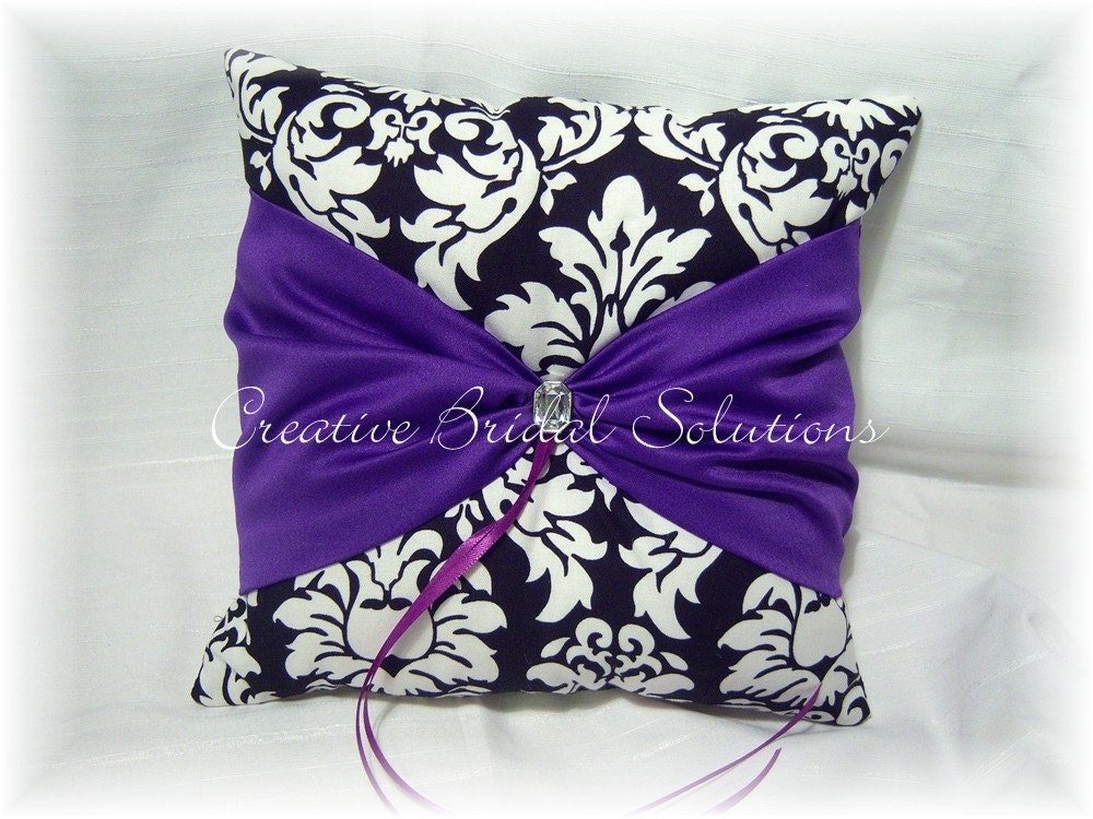 Black and White Damask with Purple Wedding Ring Bearer Pillow
