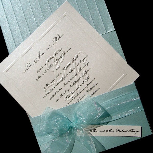100 Customized Blind Embossed Monogram and Organza Bow Wedding Invitations