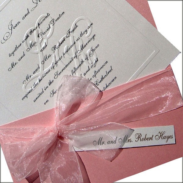 100 Customized Blind Embossed Monogram and Organza Bow Wedding Invitations