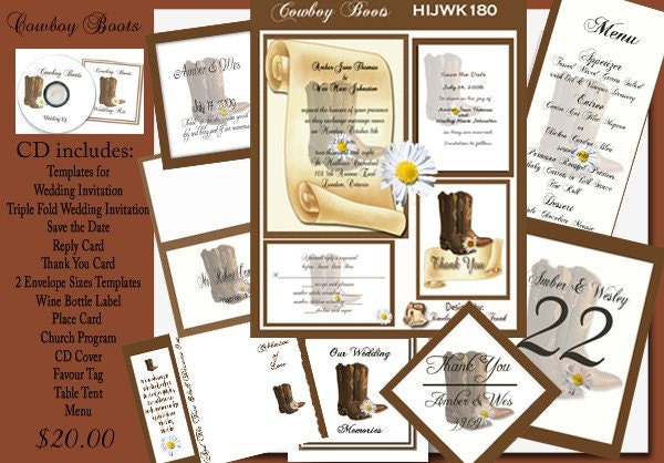 Delux Country Cowboy Boots Wedding Invitation Kit on CD